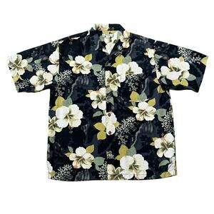Tommy Bahama Mens Black Aloha Floral Hawaiian Silk Shirt Size Medium
